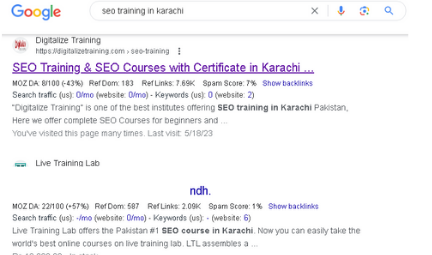 search result of Google for SEO Trainingin Karachi